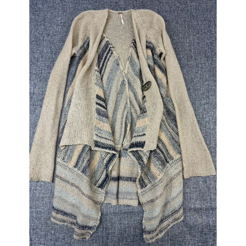 Free People Sz S Cardigan Toggle Closure Will Blend Tan Blue Metallic Waterfall